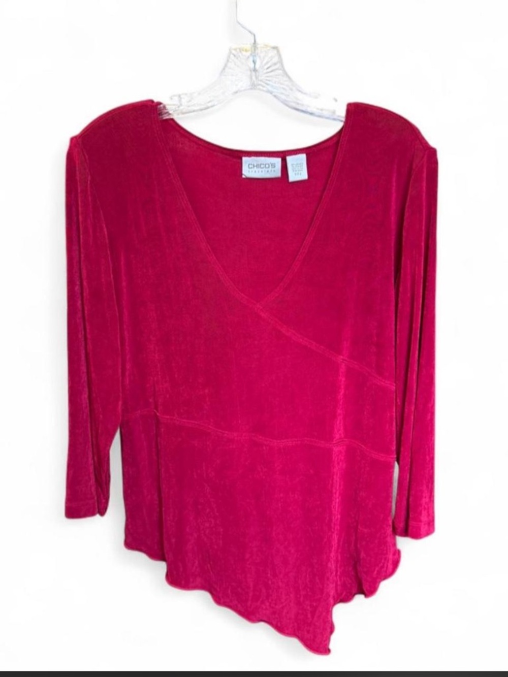 Chico's Travelers Asymmetrical Hem Faux Wrap Top Crimson Red Size 2 Large